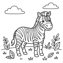 Naklejka premium Cute cartoon zebra standing in the grass for children coloring book page line art