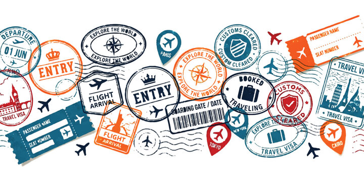 Set of colorful travel stamps and airplane boarding pass tickets for international vacation