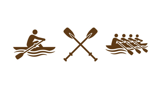 Rowing boat oars crew rowing icons with water sport line art silhouette illustration collection isolated competition recreation activity athletic