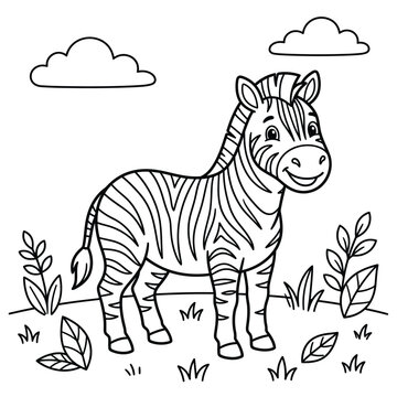 Cute cartoon zebra standing in the grass for children coloring book page line art