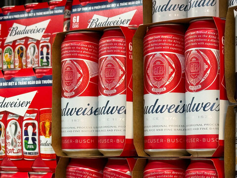 Da Nang, Vietnam - July 29, 2026: Budweiser Beer Cans on Retail Store Shelf