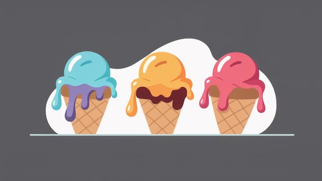 Three colorful ice cream scoops in waffle cones, flat vector illustration design.