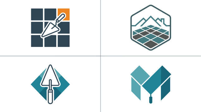 Ceramic tiles installation service logo emblem icons collection vector template with trowel tool masonry construction home renovation and square tile grid patterns.