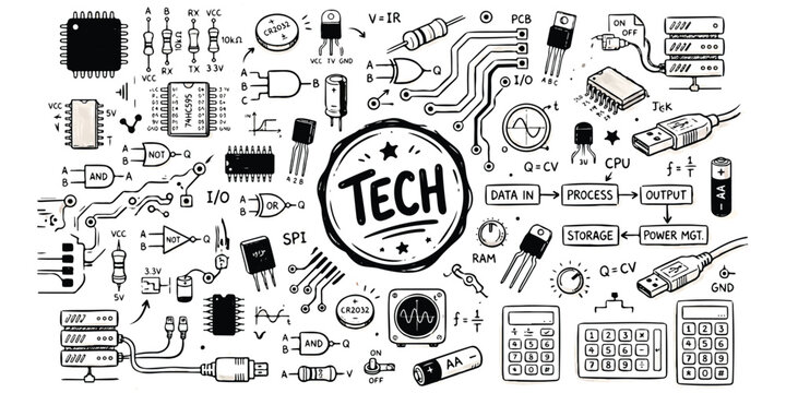Tech hand drawn doodle set with electronic components circuits and computer parts