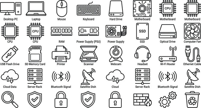 Computer hardware and network technology line icon set featuring pc components cpu motherboard ram storage router cloud server and cybersecurity linear vector elements