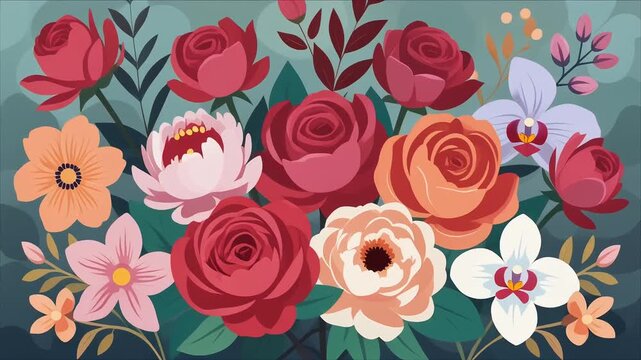 Floral bouquet illustration with roses and orchids on a dark teal background