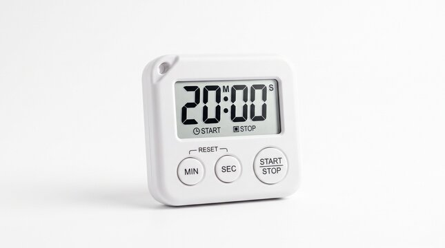 White digital kitchen timer with LCD display showing twenty minutes countdown isolated
