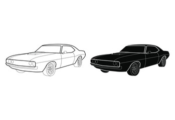 Naklejka premium Classic Muscle Car Silhouette Black And White Line Art Illustration
