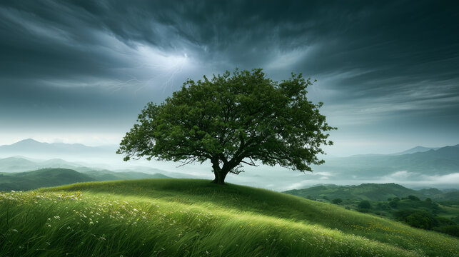 Dramatic thunderstorm above a lush green valley with a solitary tree on a hillside