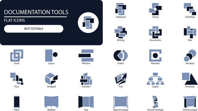 Office stationery silhouette vector icons set. Minimal black symbols of pen, paper, envelope and folder for business design.