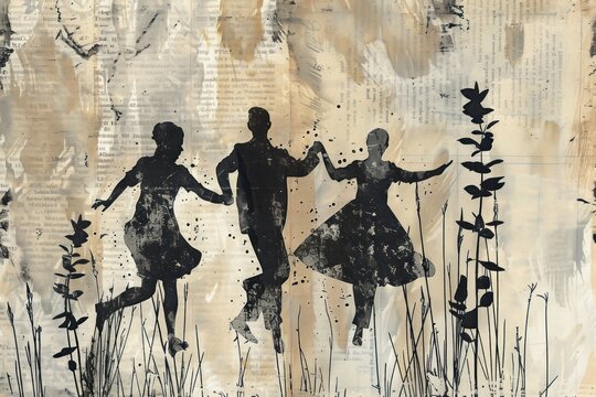 People dancing ephemera border painting drawing collage.