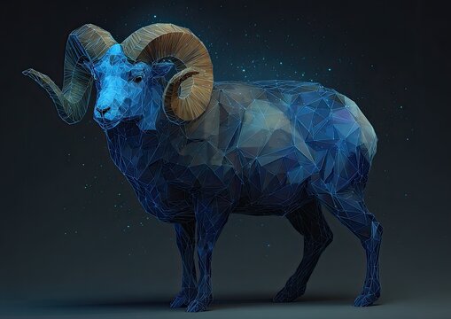 Digital low-poly art piece featuring a blue ram, a zodiac symbol, with glowing polygonal forms