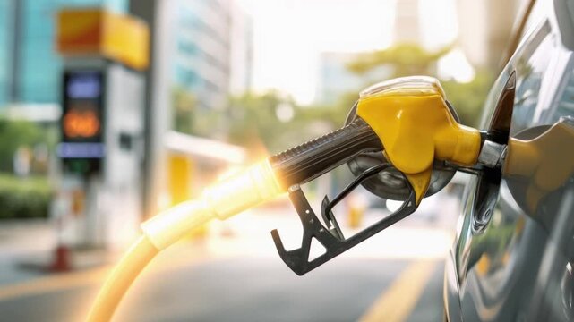 Car refueling with gasoline at a gas station. The yellow fuel pump nozzle is inserted into the car's fuel tank. ..Created with Generative AI, not depicting real subjects.