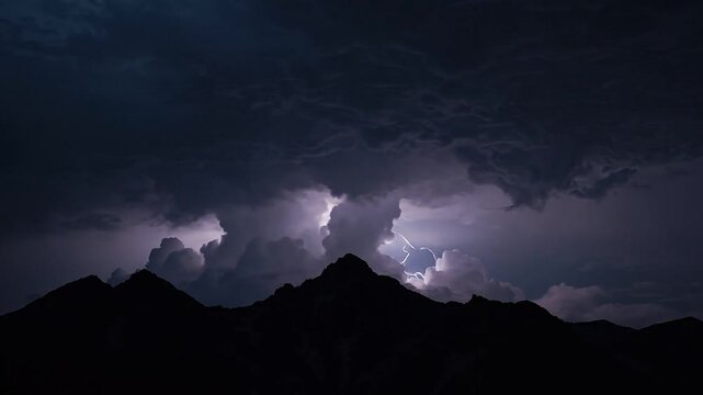 Night Thunderstorm and Lightning Flashes Over Mountain Silhouettes.