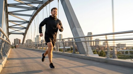 Fototapeta premium Urban Male Runner Sprinting on Modern Bridge at Golden Hour
