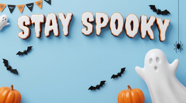 3D Stay Spooky Halloween Banner with Cute Ghost and Pumpkins, Blue Copy Space Background for Seasonal Advertising and Party Promotion Retail Campaign