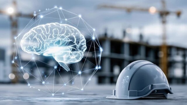 An artificial intelligence brain hologram hovers above a construction helmet at a bustling construction site. ..Created with Generative AI, not depicting real subjects.