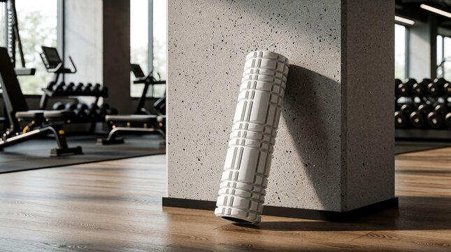 Foam roller rests against concrete column in modern gym space. Fitness accessory for muscle relief after intense workout. Equipment aids recovery and flexibility.