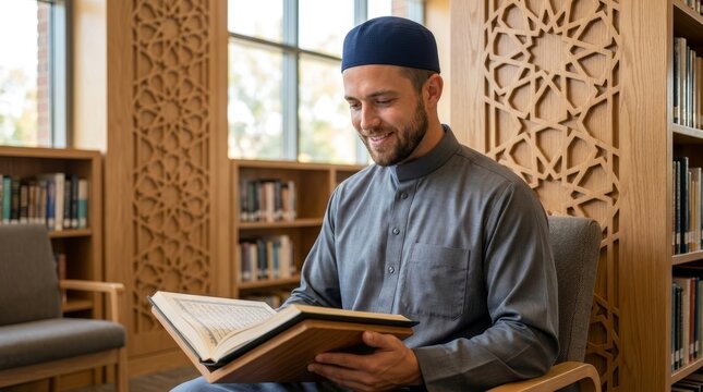 Commercial Portrait: Young Muslim Man Reading in Modern Library