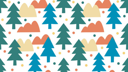 Obraz premium Abstract seamless pattern with stylized pine trees and mountains. Flat vector illustration.
