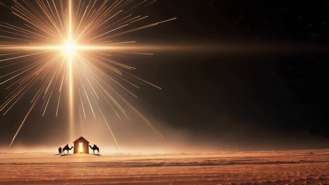 The Nativity Star shines brightly over a simple stable, casting a warm, ethereal glow on the scene. ..Created with Generative AI, not depicting real subjects.