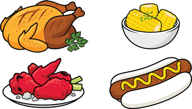 Vector food illustration set featuring roasted chicken spicy buffalo wings corn on the cob and hot dog