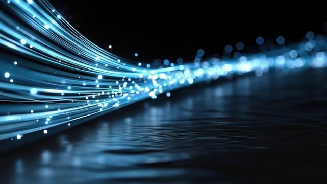 Abstract flowing blue light streaks with glowing particles against a dark background, suggesting speed and connectivity. ..Created with Generative AI, not depicting real subjects.