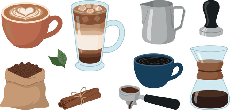 Coffee Shop and Barista Equipment Icon Set Featuring Latte Art Cappuccino Iced Macchiato Portafilter Tamper Pitcher Chemex Coffee Beans and Cinnamon Sticks Vector Graphics
