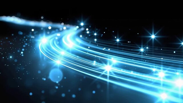 A luminous blue streak of light curves through the darkness, dotted with sparkling stars and bokeh effects. ..Created with Generative AI, not depicting real subjects.