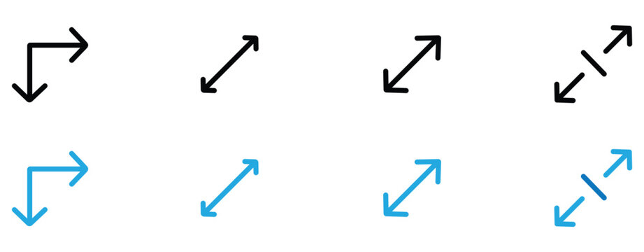 Icon set of diagonal resize arrows, double sided arrow, diagonal arrow with divider line elements in black and blue styles. Screen scaling, expand, collapse, and dimension adjustment UI symbols isolat