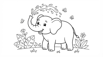 Naklejka premium Cute cartoon elephant splashing water in nature coloring page for kids