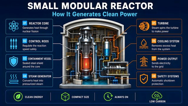 Small modular reactor infographic showing how it generates clean power
