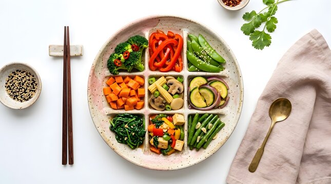 Divided ceramic plate featuring a grid of various colorful stir fry vegetables including broccoli bell peppers green beans carrots mushrooms alongside chopsticks