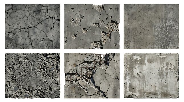 Set of six weathered concrete wall textures with cracks and grunge details for industrial design backgrounds
