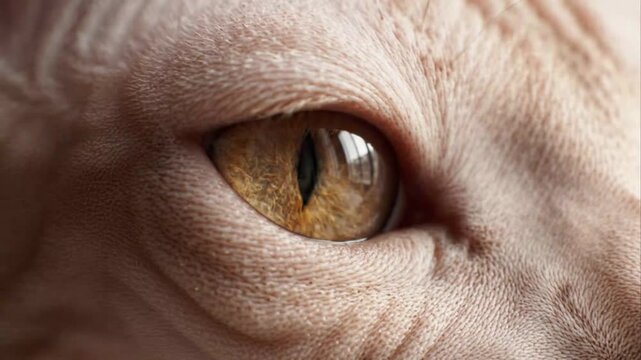 Extreme Macro Close Up of Hairless Sphynx Cat Amber Eye Blinking