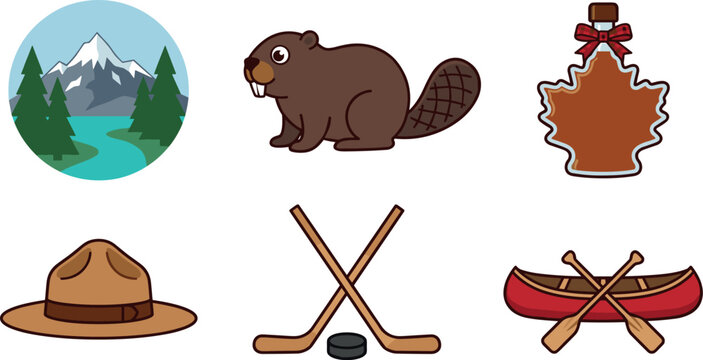 Canada Culture and Travel Icon Set Featuring Rocky Mountains National Park, Beaver, Maple Syrup Bottle, Mountie Hat, Ice Hockey, and Red Canoe Illustrations