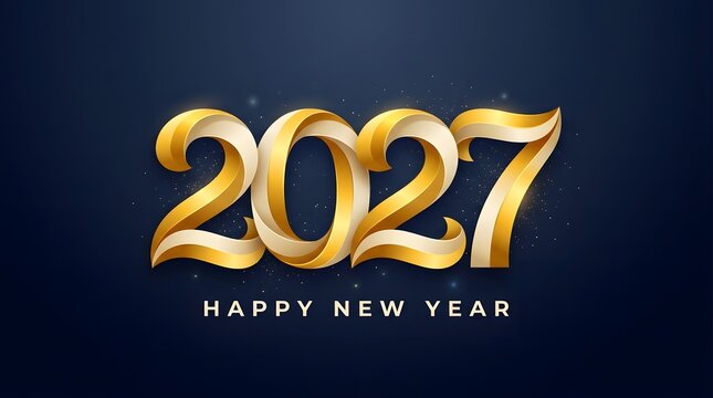 Luxurious Happy New Year 2027 banner featuring realistic 3D golden numbers with soft shadows against a deep dark blue background. 