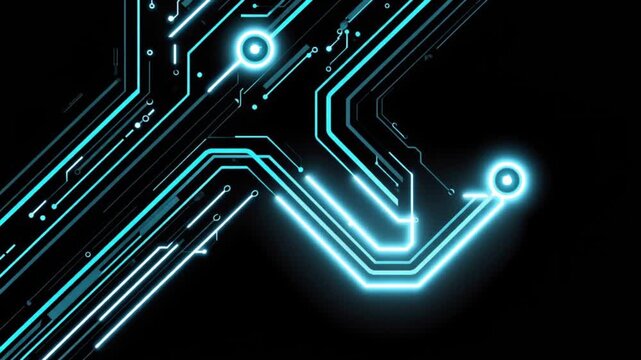Glowing neon circuit board lines on a black background, representing advanced technology and digital connections. ..Created with Generative AI, not depicting real subjects.