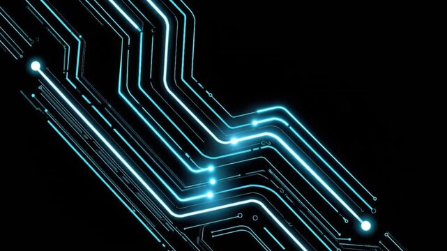 Abstract glowing blue circuit board lines on a black background, representing technology and data flow. ..Created with Generative AI, not depicting real subjects.