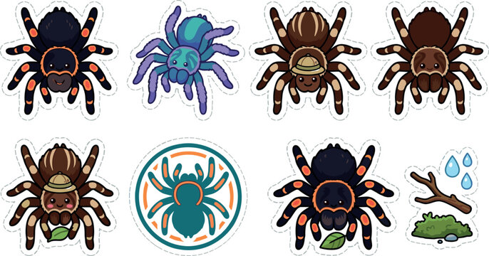 Cute Tarantula Spider Sticker Vector Set with Cartoon Arachnid Characters Wearing Safari Hats and Badge Elements for Halloween and Bug Designs
