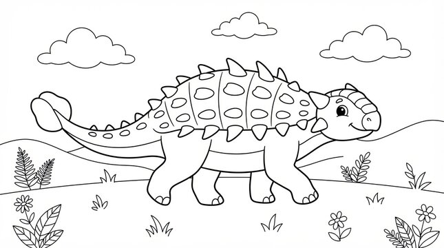 Cute ankylosaurus dinosaur walking in a field coloring page for kids