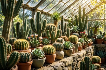 Obraz premium Many types of cacti and succulents grow in pots on a stone ledge inside a greenhouse. Bright sun shines through the glass roof creating a warm atmosphere, showing variety of desert plants.