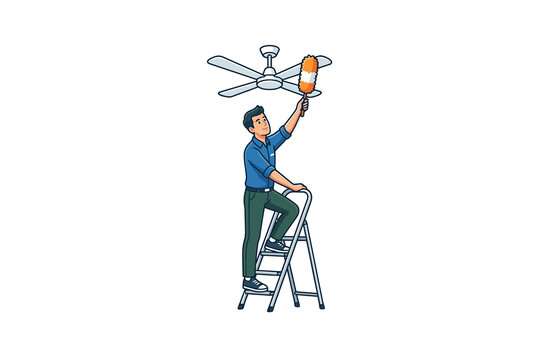 Man Cleaning Ceiling Fan Vector Illustration