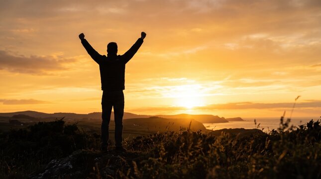 Silhouette of man standing on mountain top with arms raised in victory celebrating success achievement freedom against beautiful golden sunset sky landscape nature inspiration