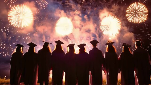 A group of silhouetted graduates in cap and gown stand facing a dazzling fireworks display. ..Created with Generative AI, not depicting real subjects.