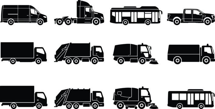 Black and white of various types of trucks and trailers semi truck dump truck