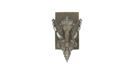 Top-down perspective of a ceramic model of a Triceratops horridus skull fossil with prominent horns, mounted on a simple wooden plaque. Isolated on white. © Gissela