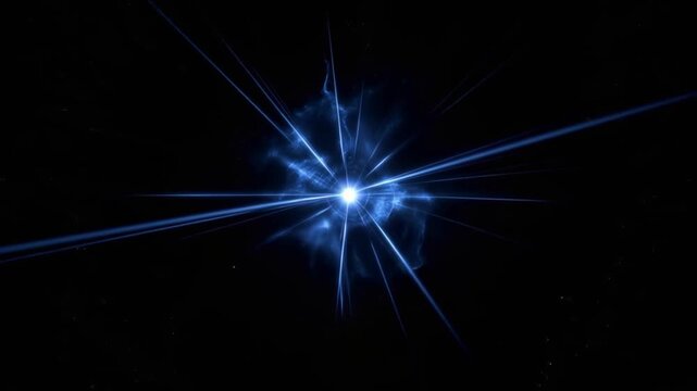 Abstract explosion of blue light with sharp rays emanating outwards on a black background, creating a sense of energy and power. ..Created with Generative AI, not depicting real subjects.