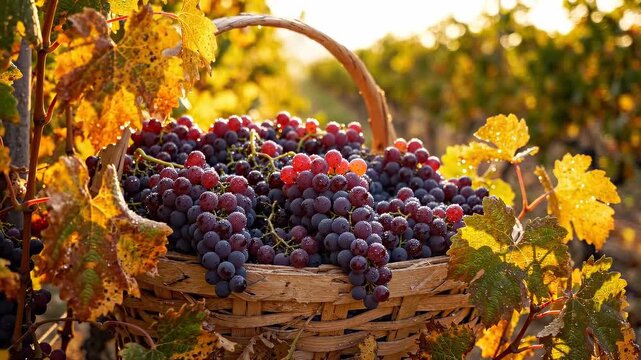 A wooden basket overflows with freshly harvested grapes resting among sunlit vineyard rows, leaves stirring gently in the autumn breeze. Harvest abundance and vineyard tradition