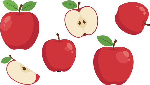 Fresh Red Apple Vector Icon Set Featuring Whole Fruit with Green Leaves, Half Sliced Cutout showing Seeds, and Quarter Apple Wedge Graphic Illustration Elements
